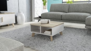 LOTTA Стол журнальный 60 CAMA Столик журнальный фабрики Cama (Польша) в цвете:
белый матовый/дуб сонома

корпус и фасады: плита ДСП 16 мм белый блестящий матовый
столешница: плита ДСП 25 мм дуб сонома матовый
ножки: деревянные; цвет - дуб сонома