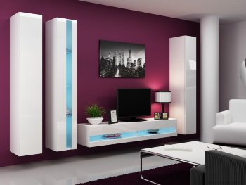 VIGO NEW VII Гостиная CAMA Гостиная с глянцевыми фасадами и подсветкой полок. Габариты: В/Ш/Г - 180/300/42 см