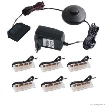 Освещение 6 LED Cama Комплект светильника и трансформатор:- клипса Prismatic FT, LED лента в пластиковом профиле, 63 мм, 12V DC, 2 м провод с полярным коннектором типа MINI,
Цвет: белый, синий, красный, зелёный — 6 шт.