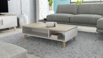 LOTTA Стол журнальный 110 CAMA Столик журнальный фабрики Cama (Польша) в цвете:
белый матовый/дуб сонома

корпус и фасады: плита ДСП 16 мм белый блестящий матовый
столешница: плита ДСП 25 мм дуб сонома матовый
ножки: деревянные; цвет - дуб сонома